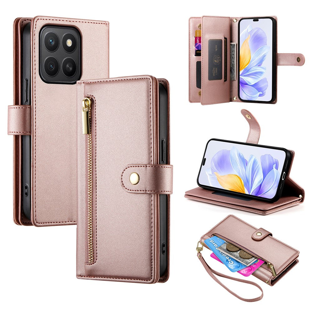 DF-011 For Honor X8c 4G Case Zipper Pocket Wallet Leather Phone Cover with Straps