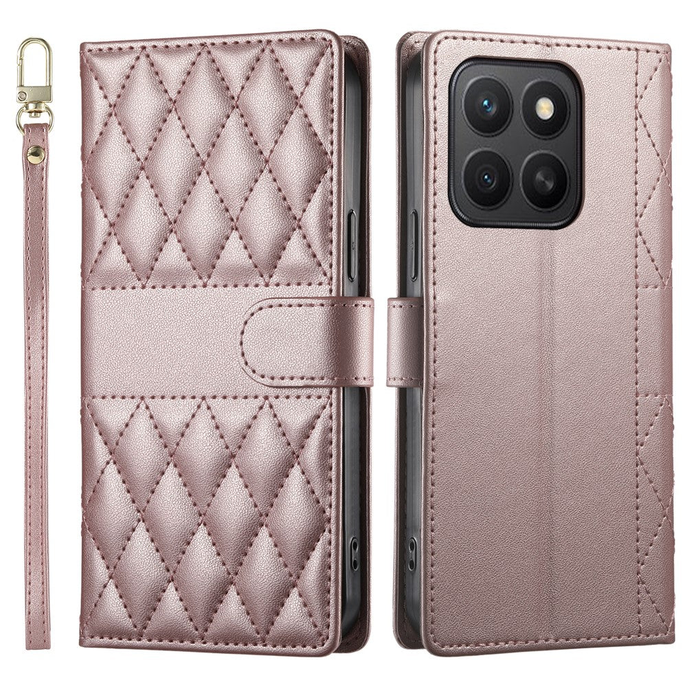 For Honor X8c 4G Case Rhombus Stitching Wallet Stand Leather Phone Cover with Long / Short Strap