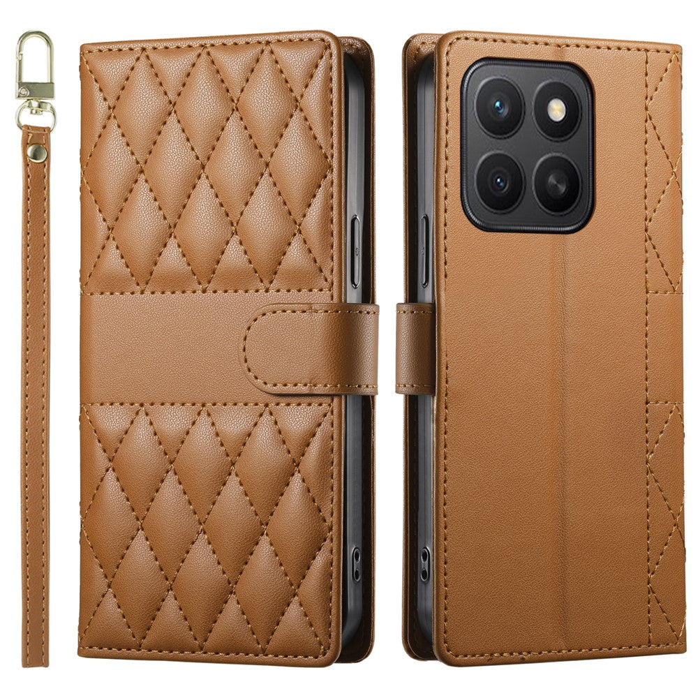 For Honor X8c 4G Case Rhombus Stitching Wallet Stand Leather Phone Cover with Long / Short Strap