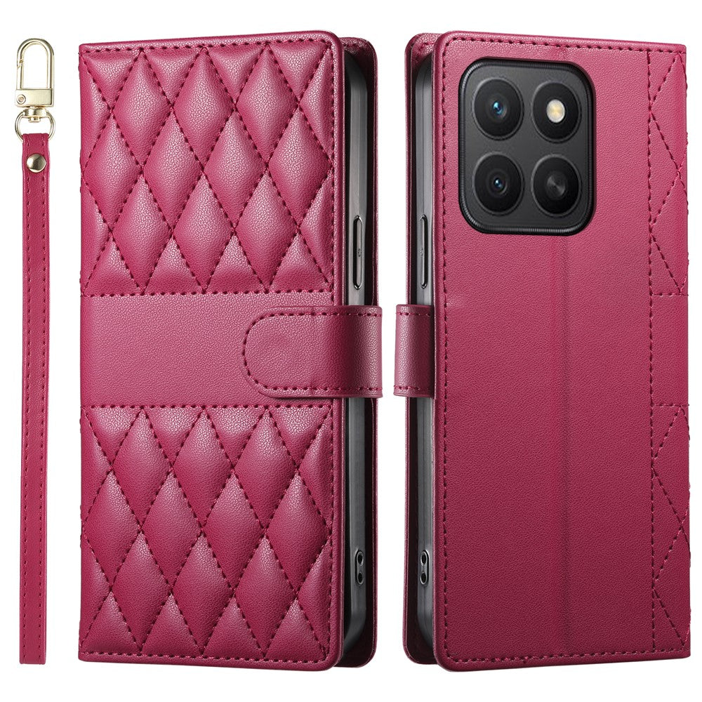For Honor X8c 4G Case Rhombus Stitching Wallet Stand Leather Phone Cover with Long / Short Strap