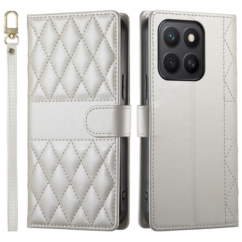 For Honor X8c 4G Case Rhombus Stitching Wallet Stand Leather Phone Cover with Long / Short Strap