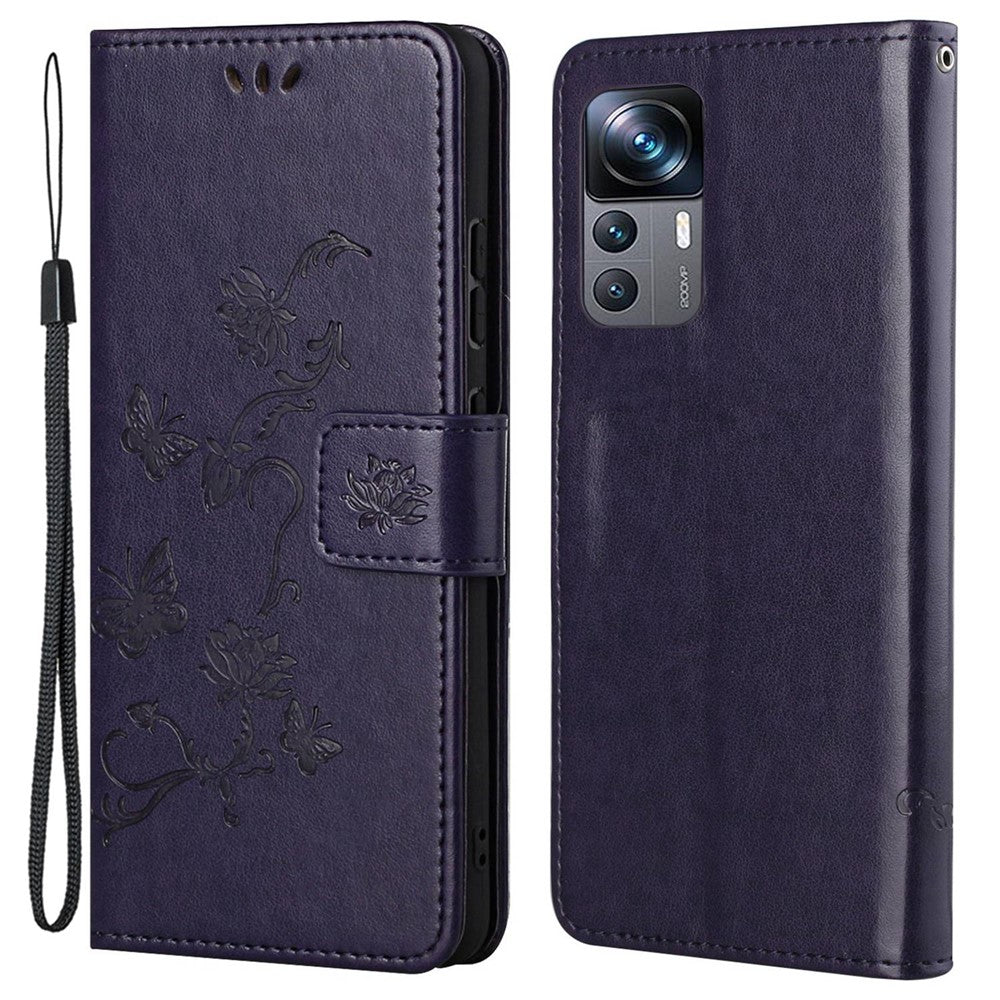 Xiaomi 12T 5G / Redmi K50 Ultra 5G / 12T Pro 5G Fjärilsblomma Präglat PU-läder mobilskal Plånboksfodral Fullt skyddsfodral