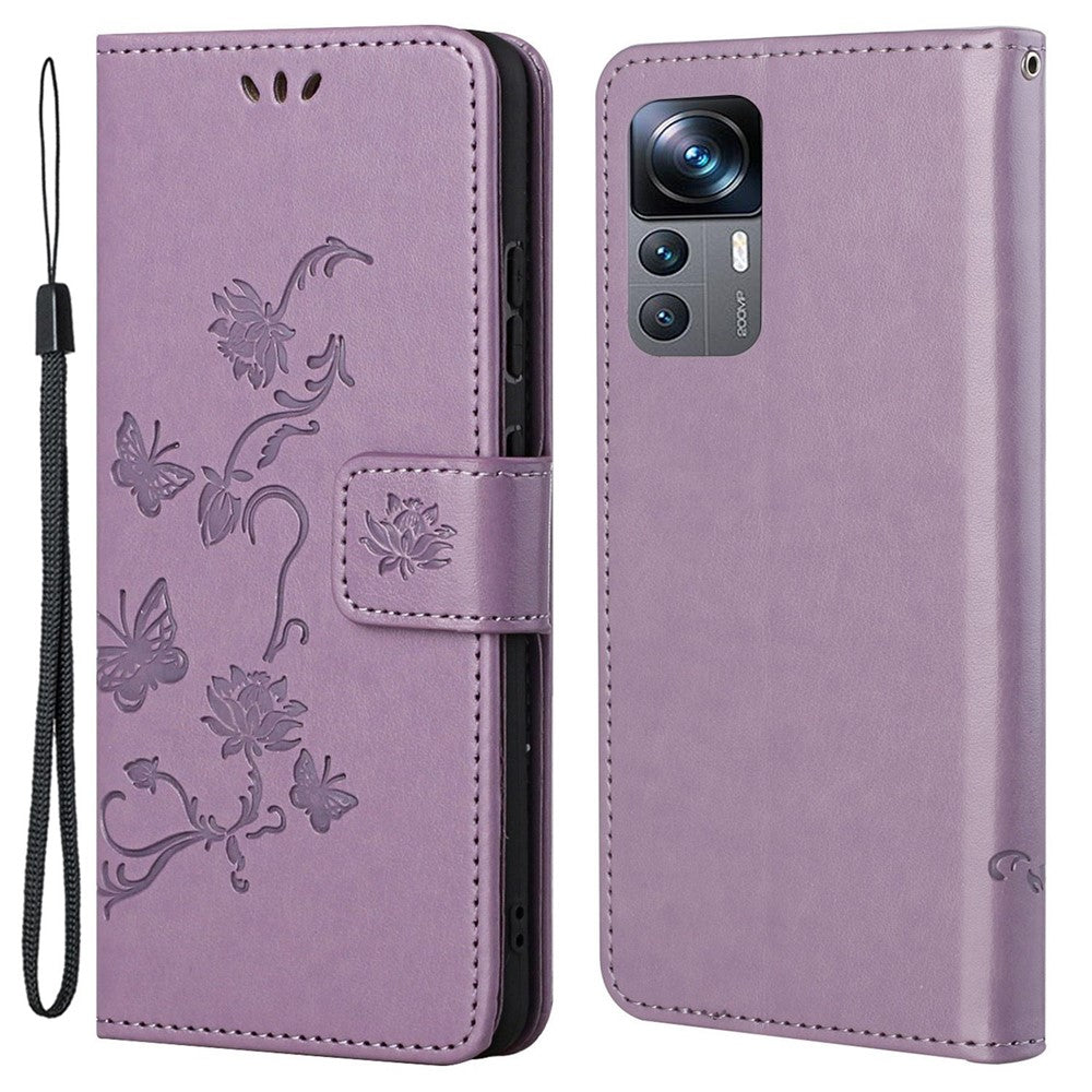 Xiaomi 12T 5G / Redmi K50 Ultra 5G / 12T Pro 5G Fjärilsblomma Präglat PU-läder mobilskal Plånboksfodral Fullt skyddsfodral