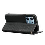 For Xiaomi Redmi Note 14S 4G Wallet Phone Case Checkered Pattern Imprint Leather Flip Cover with Wrist Strap