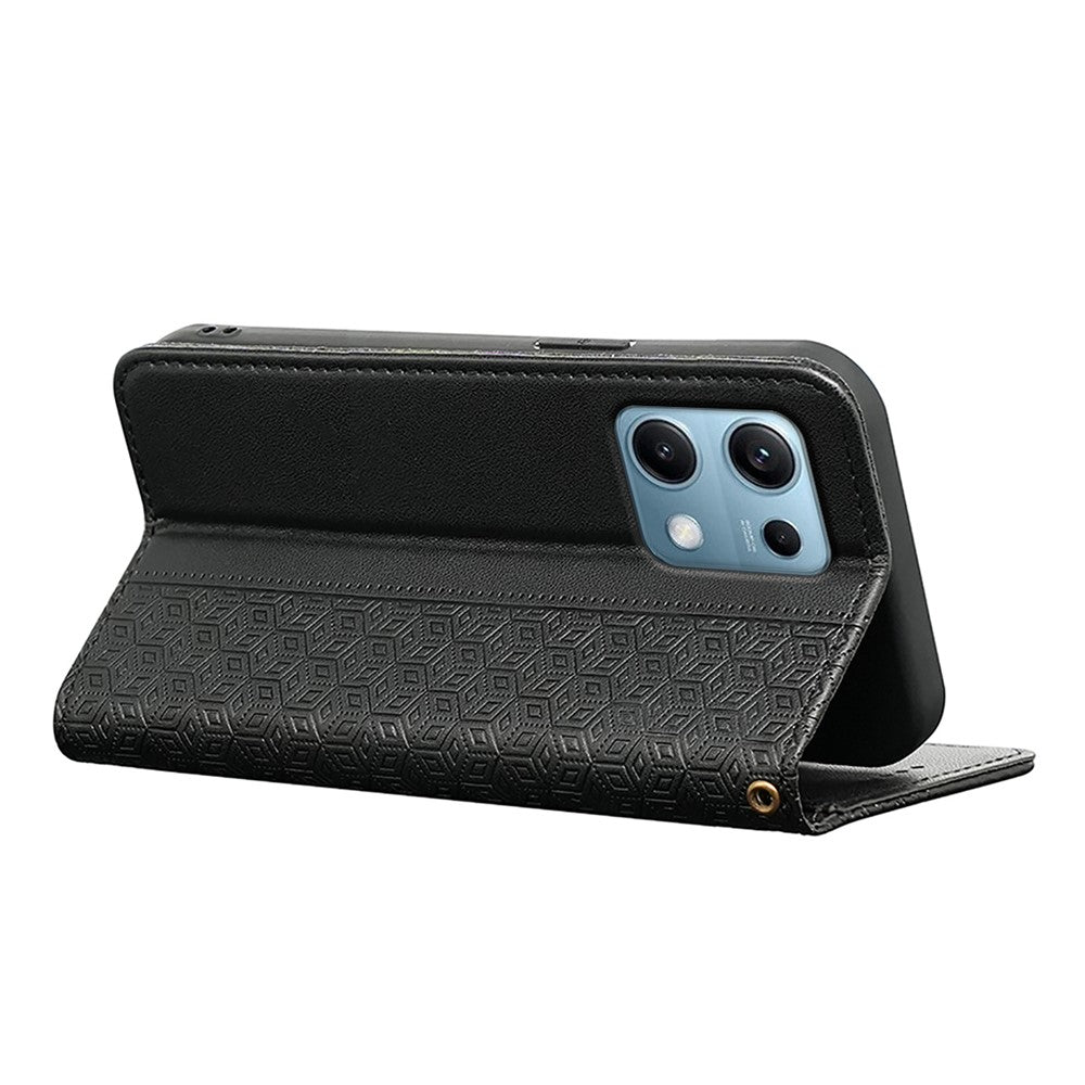 For Xiaomi Redmi Note 14S 4G Wallet Phone Case Checkered Pattern Imprint Leather Flip Cover with Wrist Strap