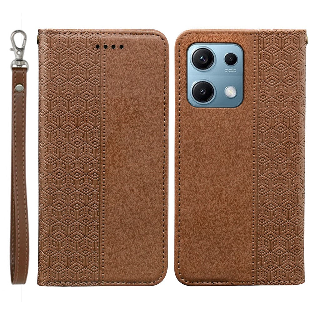 For Xiaomi Redmi Note 14S 4G Wallet Phone Case Checkered Pattern Imprint Leather Flip Cover with Wrist Strap