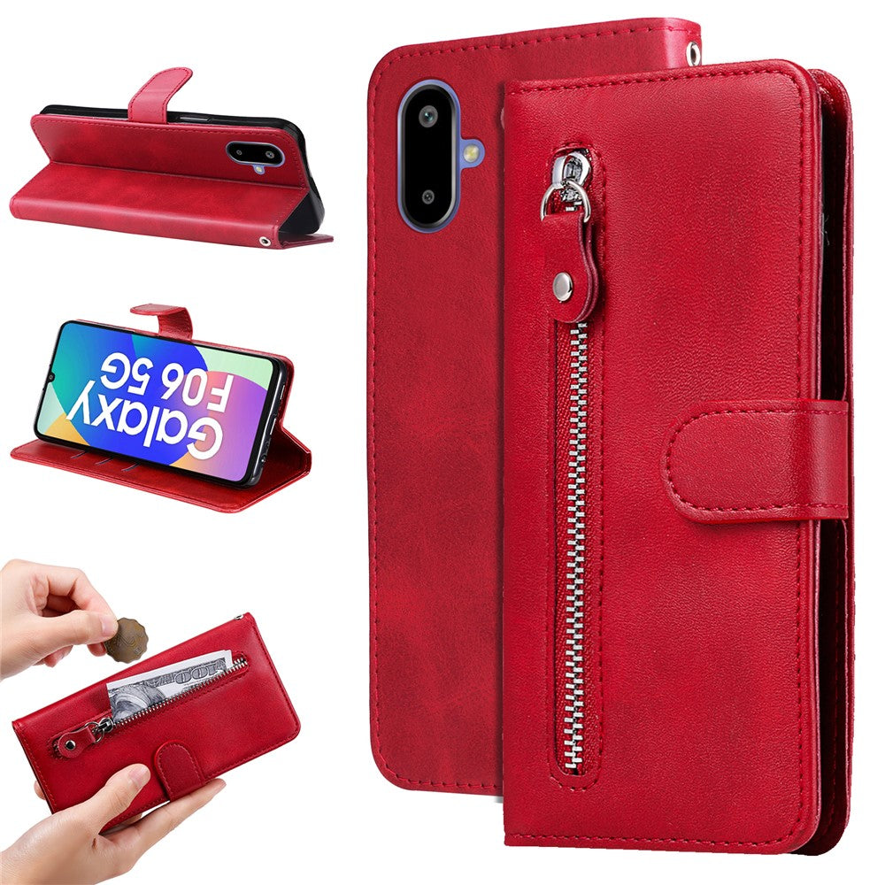 For Samsung Galaxy F06 5G PU Leather Cases with Zipper Pocket Wallet Phone Cover Stand