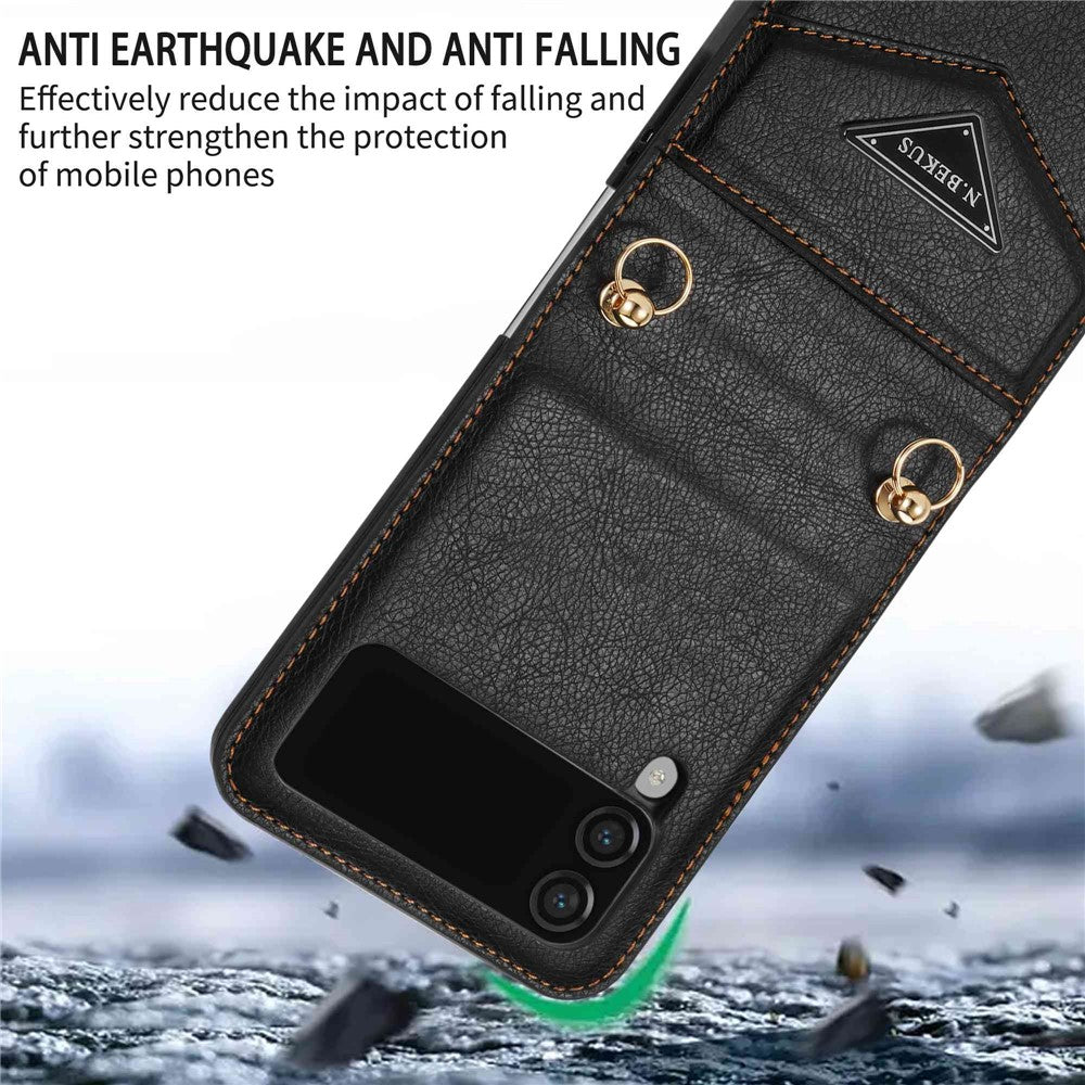 N.BEKUS Anti-Drop Telefoncover til Samsung Galaxy Z Flip3 5G Stødsikkert Cover i PU-læder med Hard PC-skal og Lanyard