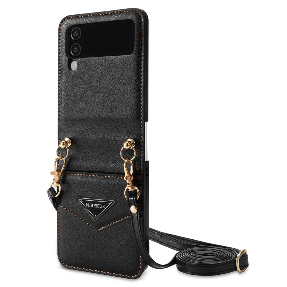 N.BEKUS Phone Case for Samsung Galaxy Z Flip4 5G Anti-Drop Protective Case PU Leather Hard PC Phone Shell with Lanyard