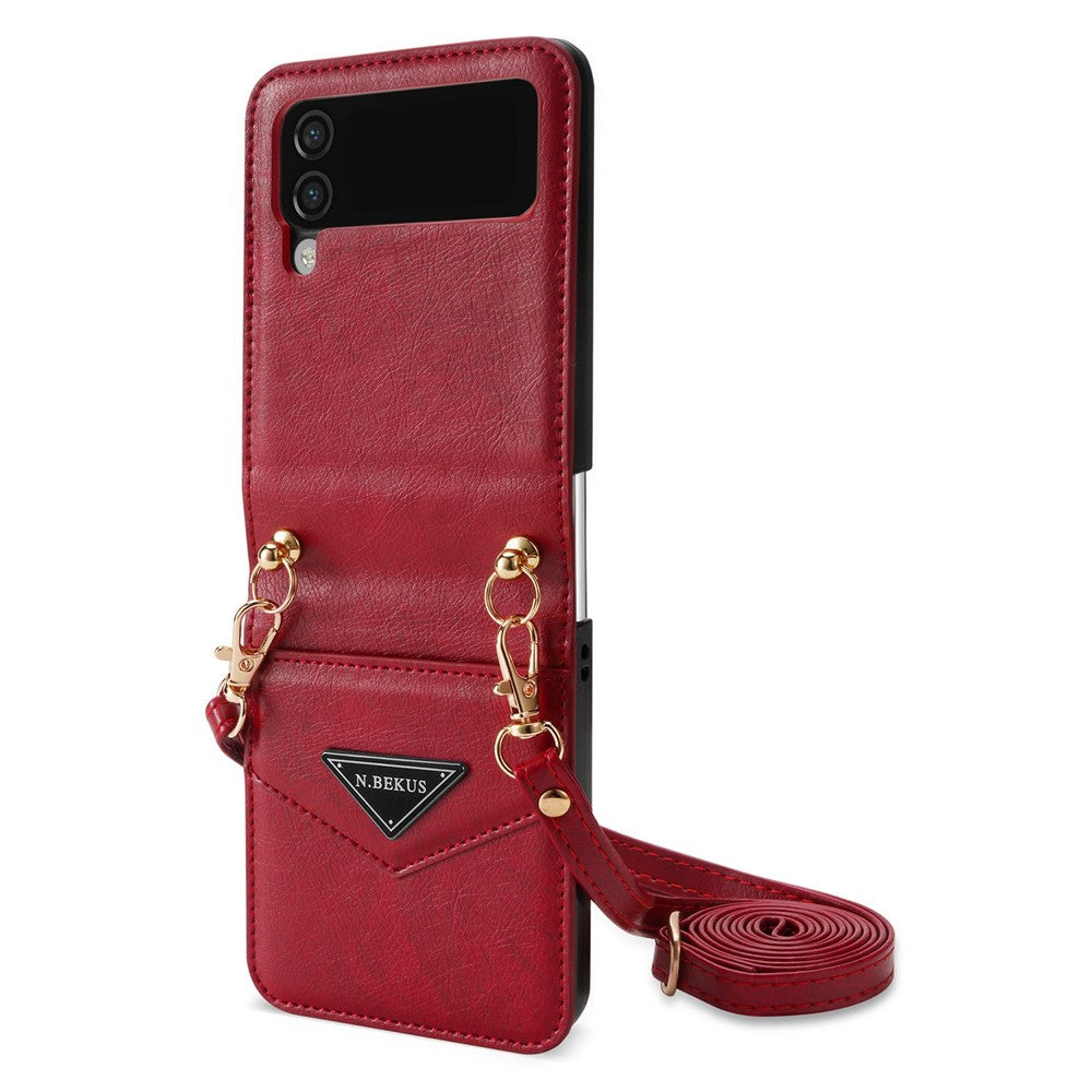 N.BEKUS Phone Case for Samsung Galaxy Z Flip4 5G Anti-Drop Protective Case PU Leather Hard PC Phone Shell with Lanyard