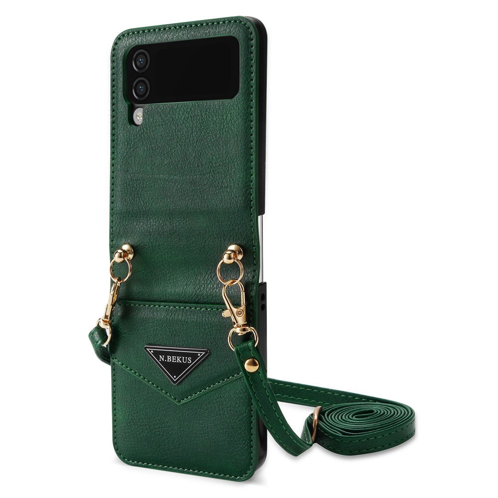 N.BEKUS Phone Case for Samsung Galaxy Z Flip4 5G Anti-Drop Protective Case PU Leather Hard PC Phone Shell with Lanyard