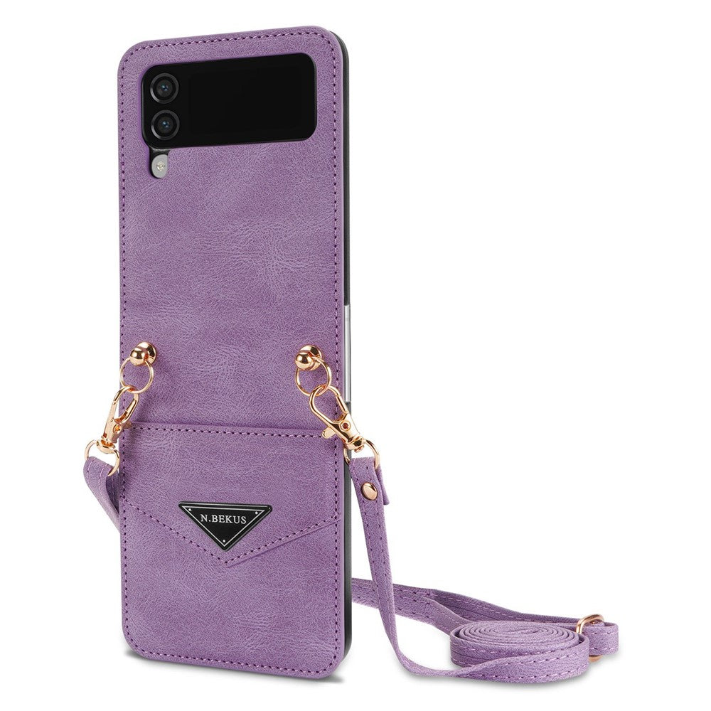 N.BEKUS Phone Case for Samsung Galaxy Z Flip4 5G Anti-Drop Protective Case PU Leather Hard PC Phone Shell with Lanyard