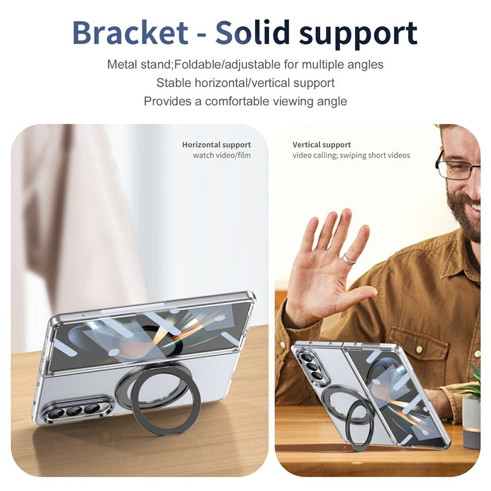 Samsung Galaxy Z Fold4 5G-cover med magnetisk støttefod, transparent PC-mobilcover med HD-skærmfilm