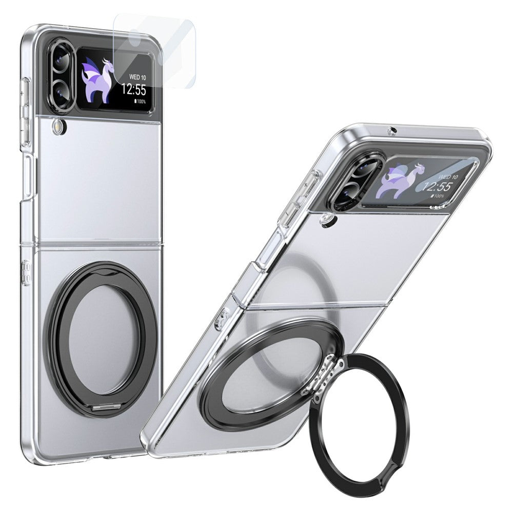 Samsung Galaxy Z Flip4 5G-skal Magnetiskt stativ Genomskinligt PC-mobilskal med HD-skärmfilm