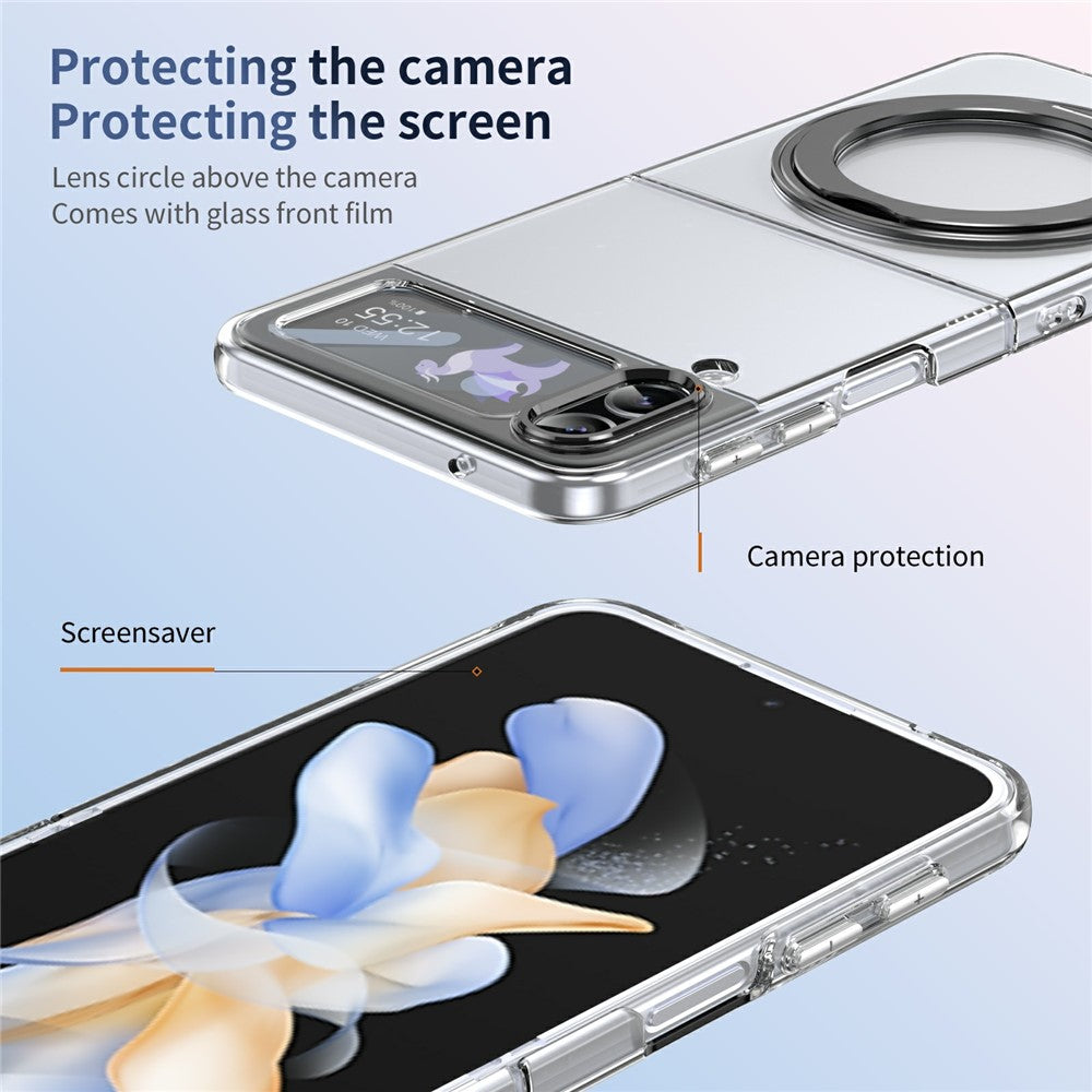 Samsung Galaxy Z Flip4 5G-skal Magnetiskt stativ Genomskinligt PC-mobilskal med HD-skärmfilm