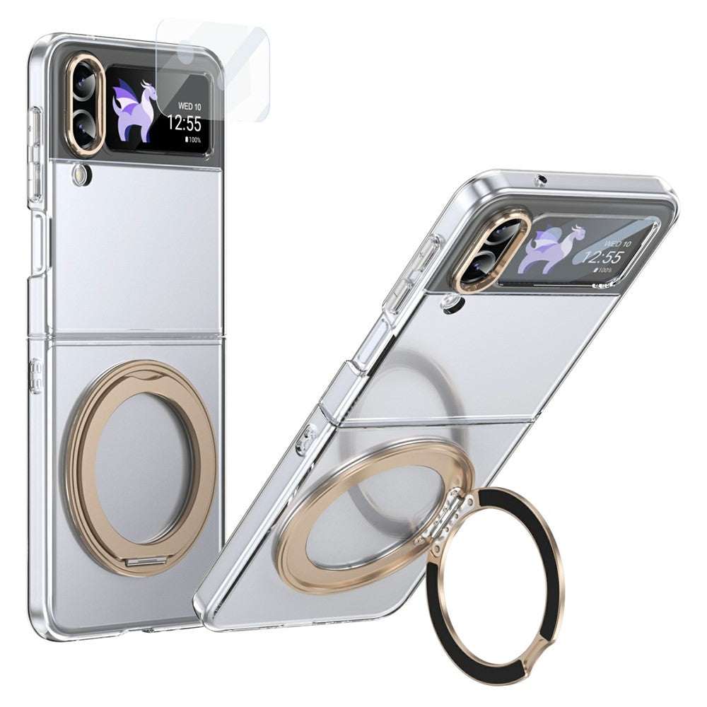 Samsung Galaxy Z Flip4 5G-skal Magnetiskt stativ Genomskinligt PC-mobilskal med HD-skärmfilm
