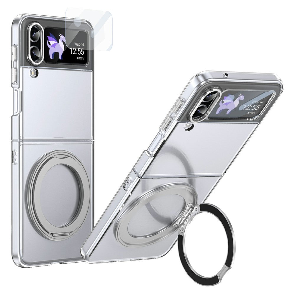Samsung Galaxy Z Flip4 5G-skal Magnetiskt stativ Genomskinligt PC-mobilskal med HD-skärmfilm