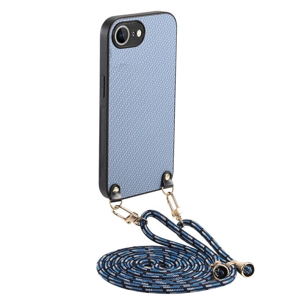 Til iPhone 17e / 16e cover kulfibertekstur PU + PC + TPU anti-fald telefoncover med crossbody-snor