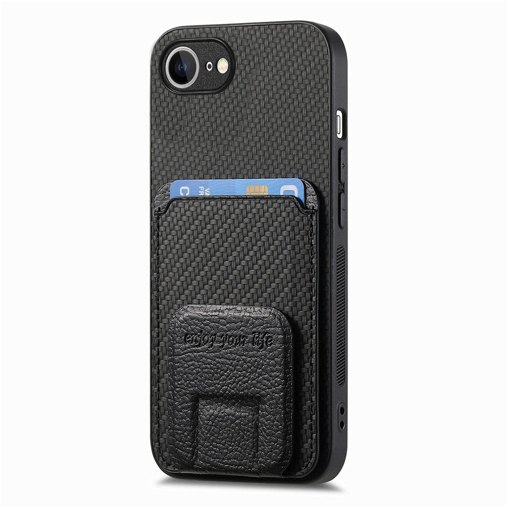 For iPhone 17e / 16e cover kortholder kulfiber tekstur læderbelagt TPU telefoncover
