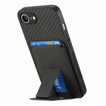 For iPhone 17e / 16e cover kortholder kulfiber tekstur læderbelagt TPU telefoncover