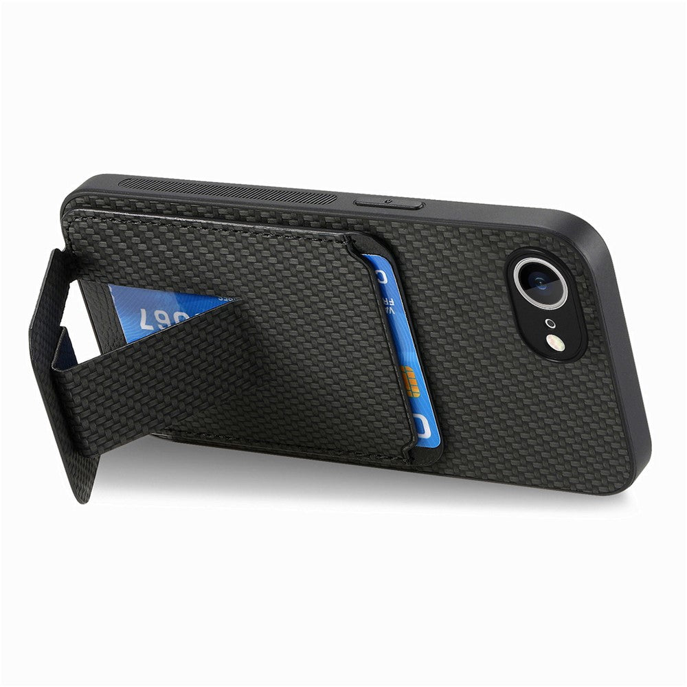 For iPhone 17e / 16e cover kortholder kulfiber tekstur læderbelagt TPU telefoncover