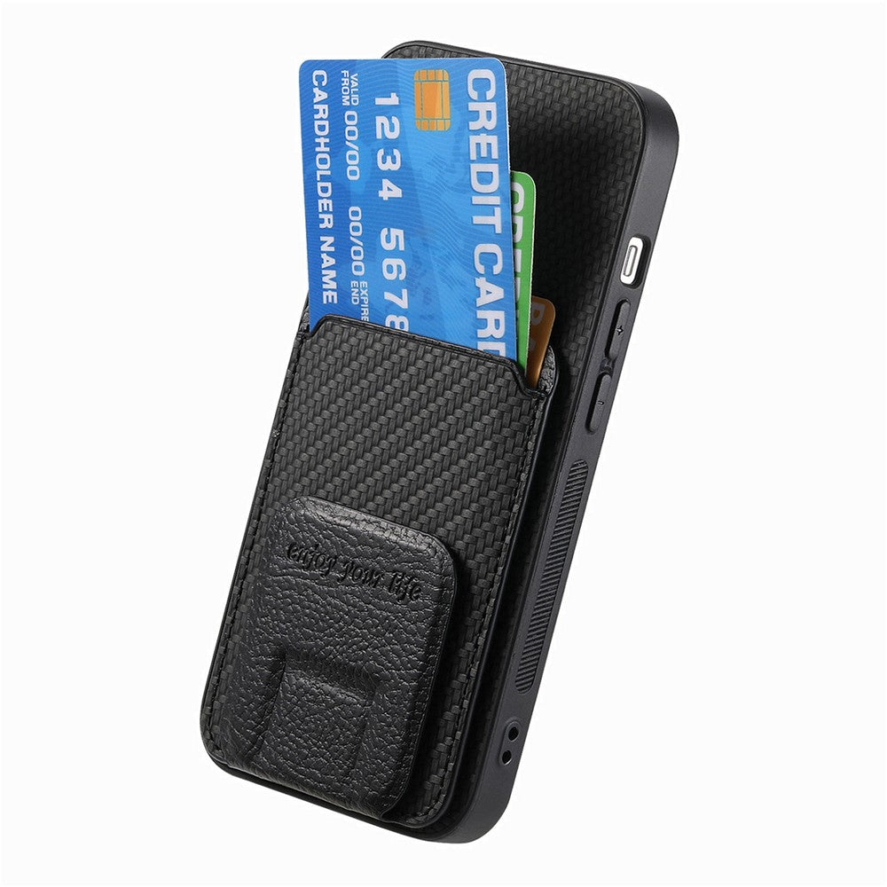 For iPhone 17e / 16e cover kortholder kulfiber tekstur læderbelagt TPU telefoncover