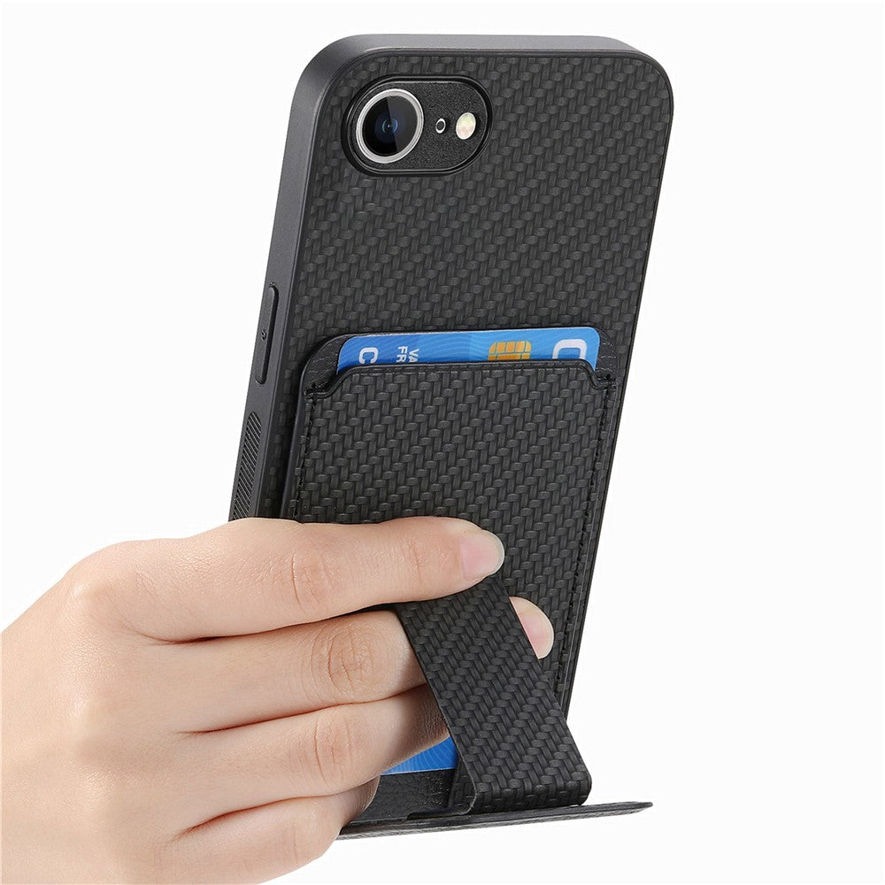 For iPhone 17e / 16e cover kortholder kulfiber tekstur læderbelagt TPU telefoncover