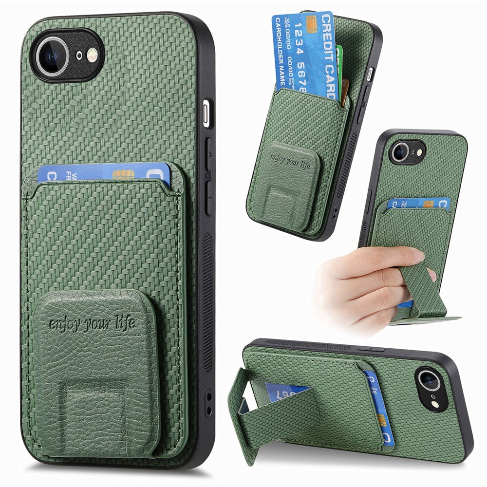 For iPhone 17e / 16e cover kortholder kulfiber tekstur læderbelagt TPU telefoncover