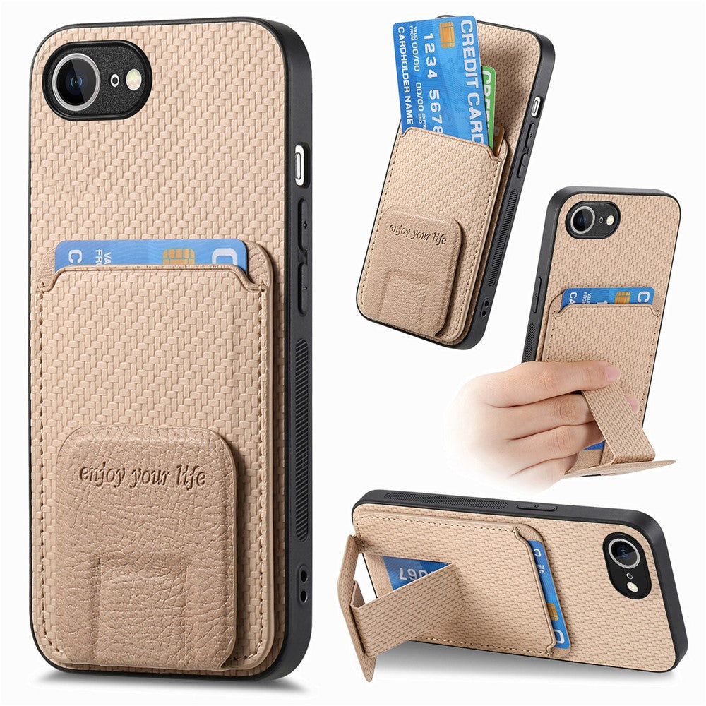 For iPhone 17e / 16e cover kortholder kulfiber tekstur læderbelagt TPU telefoncover