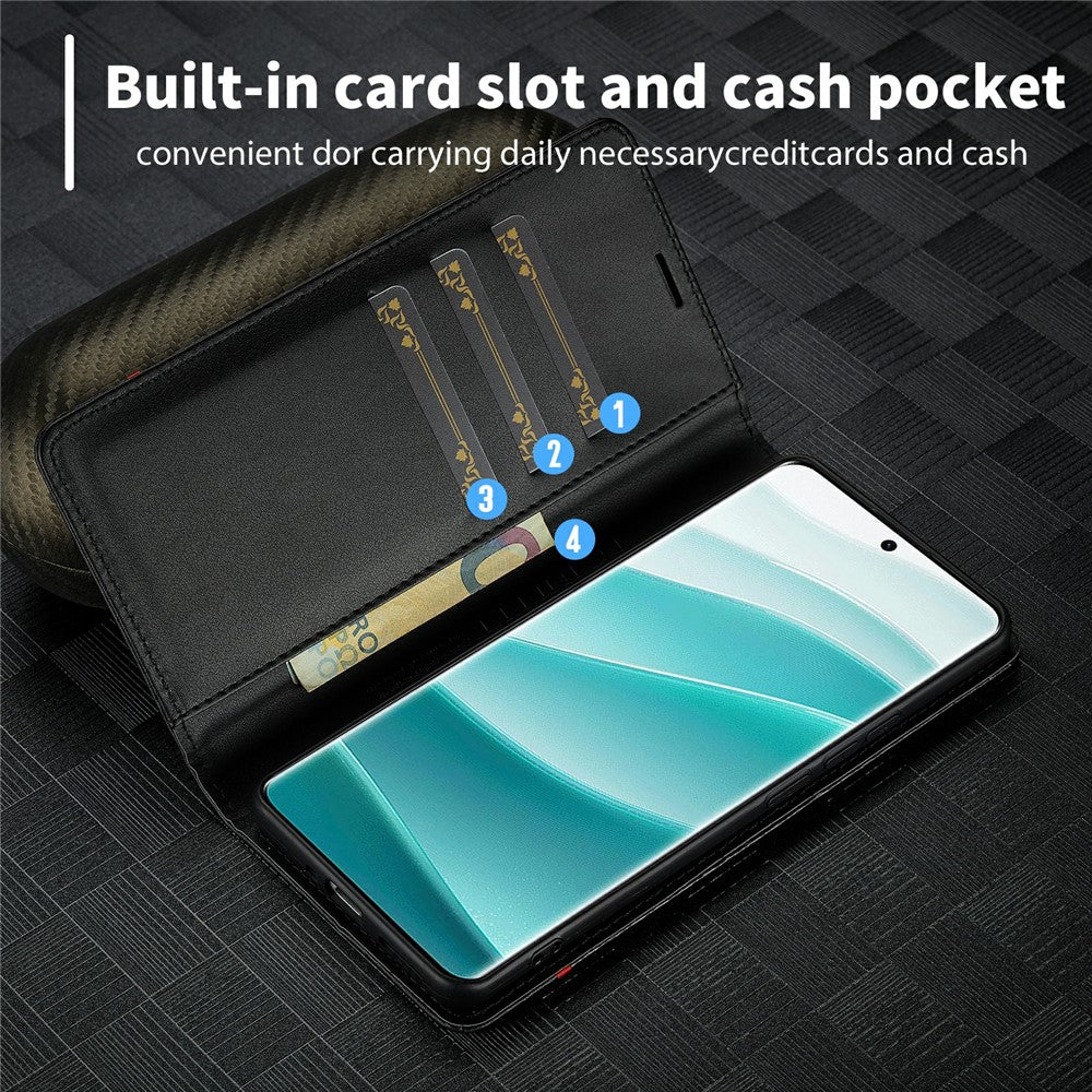 LC.IMEEKE For Xiaomi Redmi Note 14 Pro 4G Case Carbon Fiber Texture Phone Cover Stand Card Holder