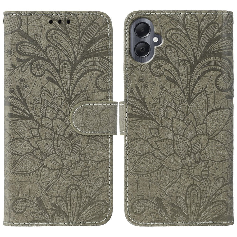 Samsung Galaxy A05 4G-skal med spetsblommor i PU-läder, plånboksfodral