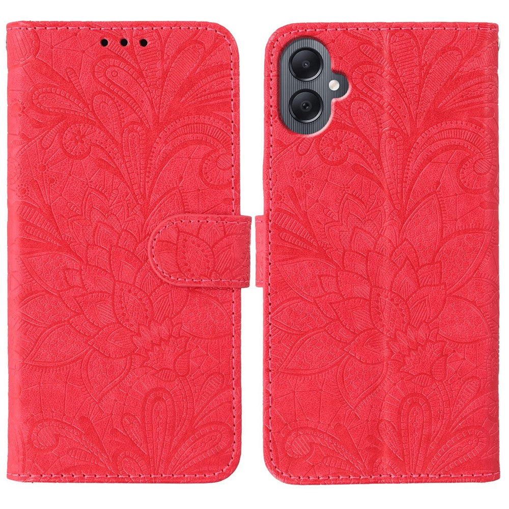 Samsung Galaxy A05 4G-skal med spetsblommor i PU-läder, plånboksfodral