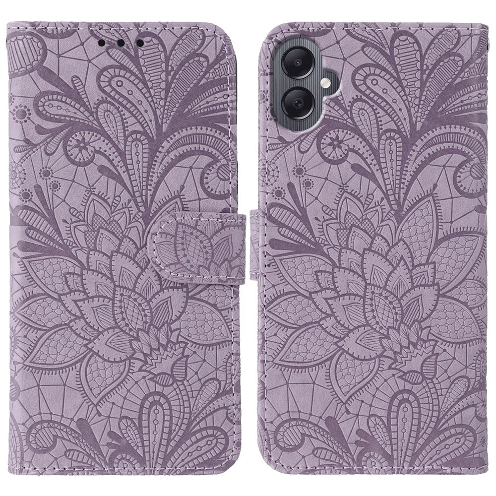 Samsung Galaxy A05 4G-skal med spetsblommor i PU-läder, plånboksfodral