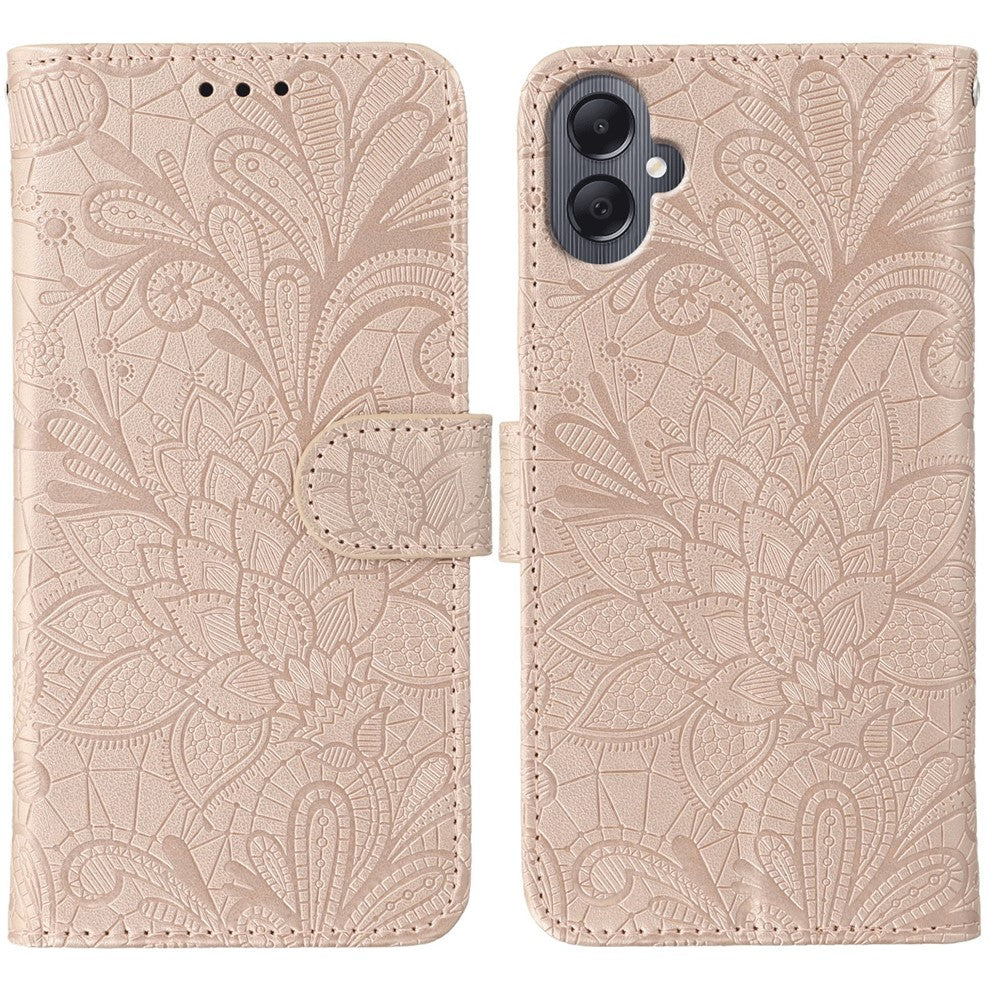 Samsung Galaxy A08 5G / A08 4G / A07 4G / A07s 4G / A06 4G / A06 5G-cover med blondeblomster, flip-pungetui i PU-læder