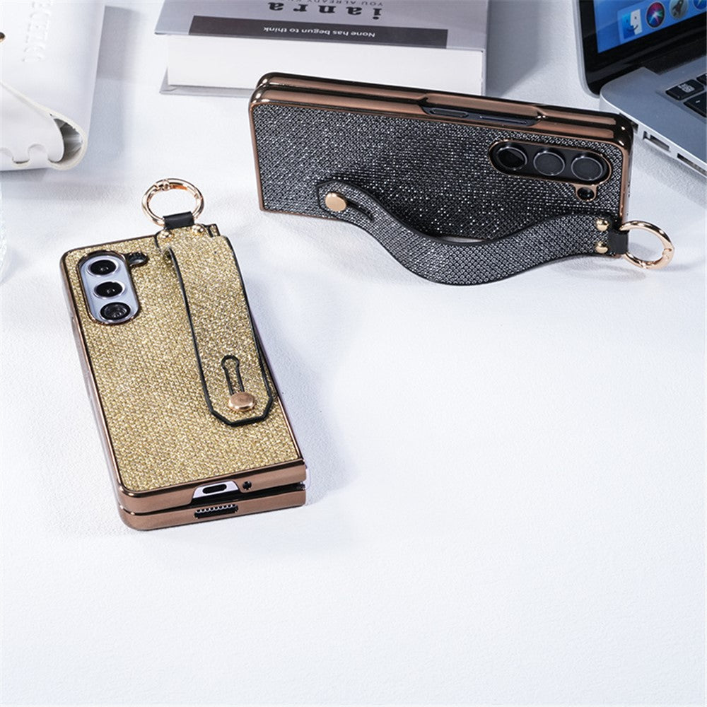 For Samsung Galaxy Z Fold5 5G Case Electroplating Glitter PC Phone Cover with Screen Film Strap kickstand Ring Holder