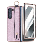 For Samsung Galaxy Z Fold5 5G Case Electroplating Glitter PC Phone Cover with Screen Film Strap kickstand Ring Holder