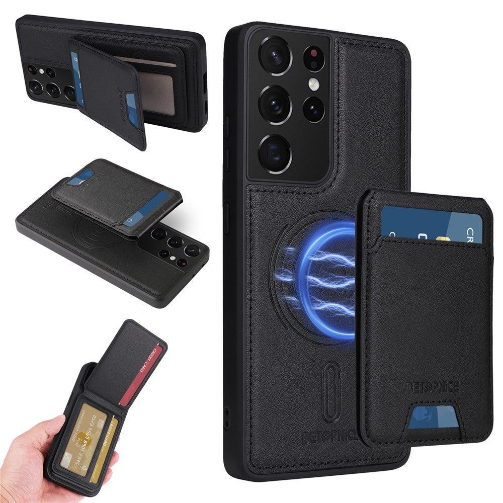 BETOPNICE Magnetiskt Skal För Samsung Galaxy S21 Ultra 5G RFID-blockerande Läderfodral med Avtagbar Korthållare