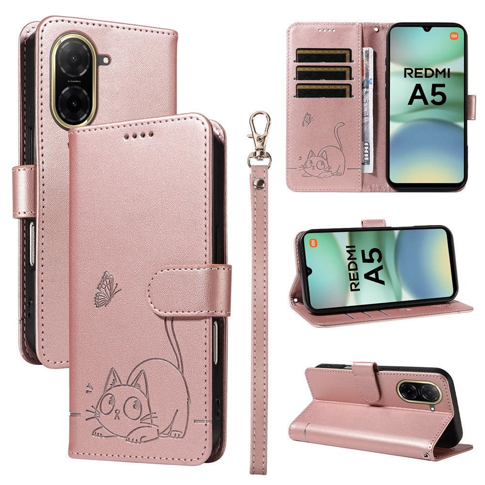 For Xiaomi Redmi A5 NFC (EU) (173.45mm) Case Cat Pattern Imprint Leather Phone Cover with Wrist Strap