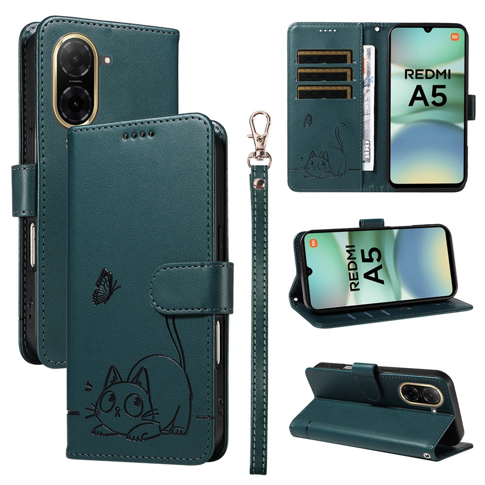 For Xiaomi Redmi A5 NFC (EU) (173.45mm) Case Cat Pattern Imprint Leather Phone Cover with Wrist Strap