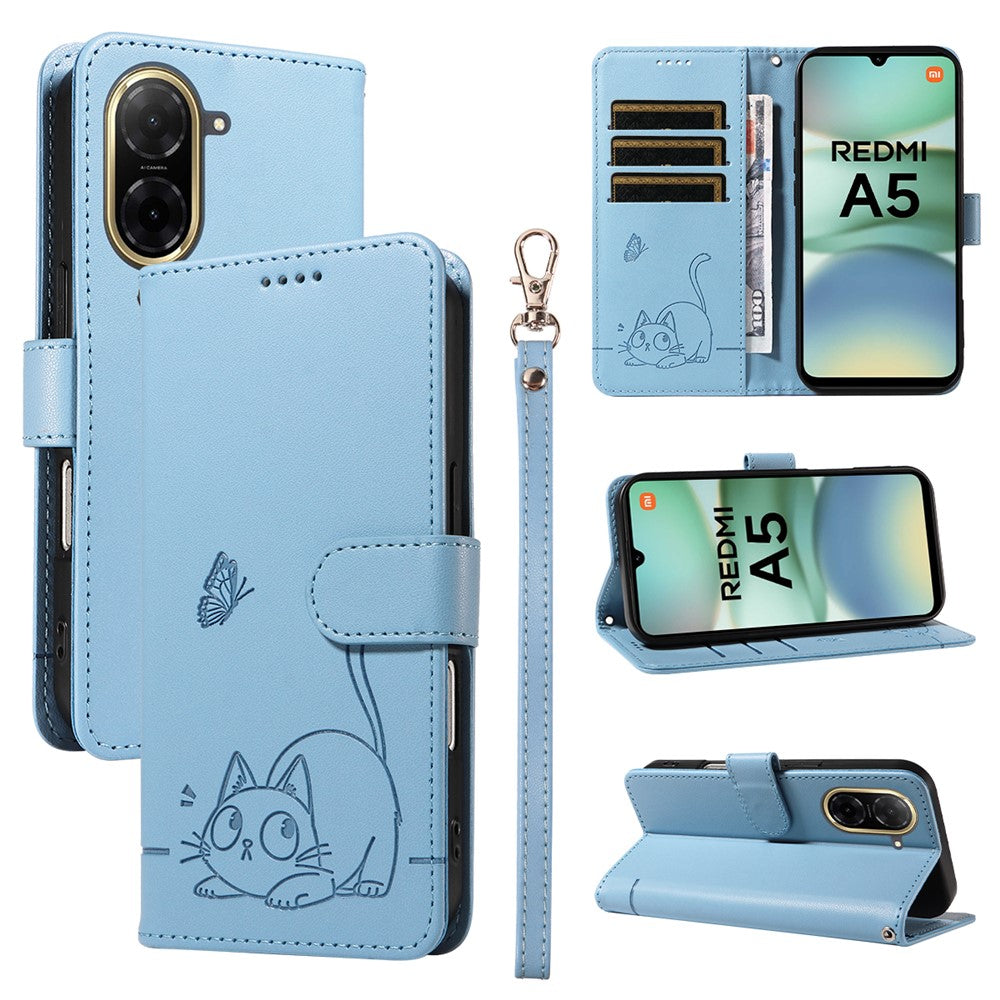 For Xiaomi Redmi A5 NFC (EU) (173.45mm) Case Cat Pattern Imprint Leather Phone Cover with Wrist Strap