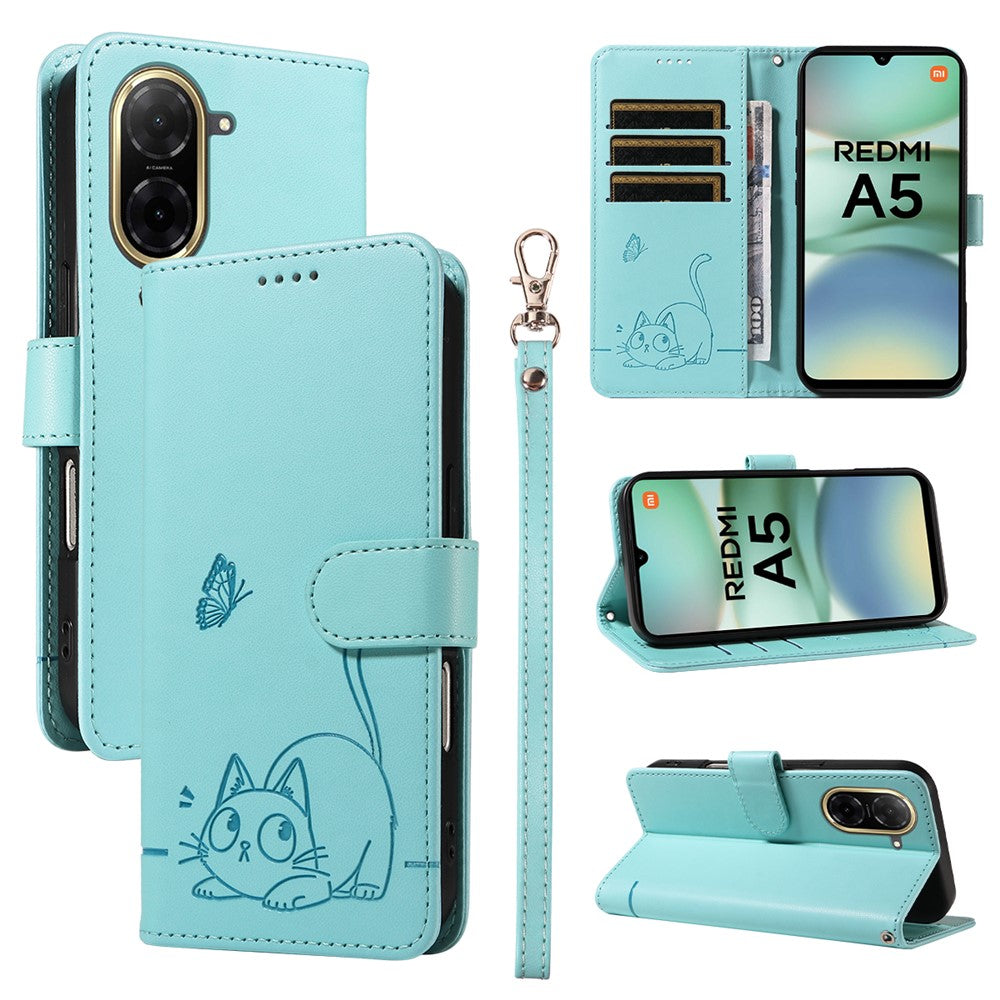 For Xiaomi Redmi A5 NFC (EU) (173.45mm) Case Cat Pattern Imprint Leather Phone Cover with Wrist Strap