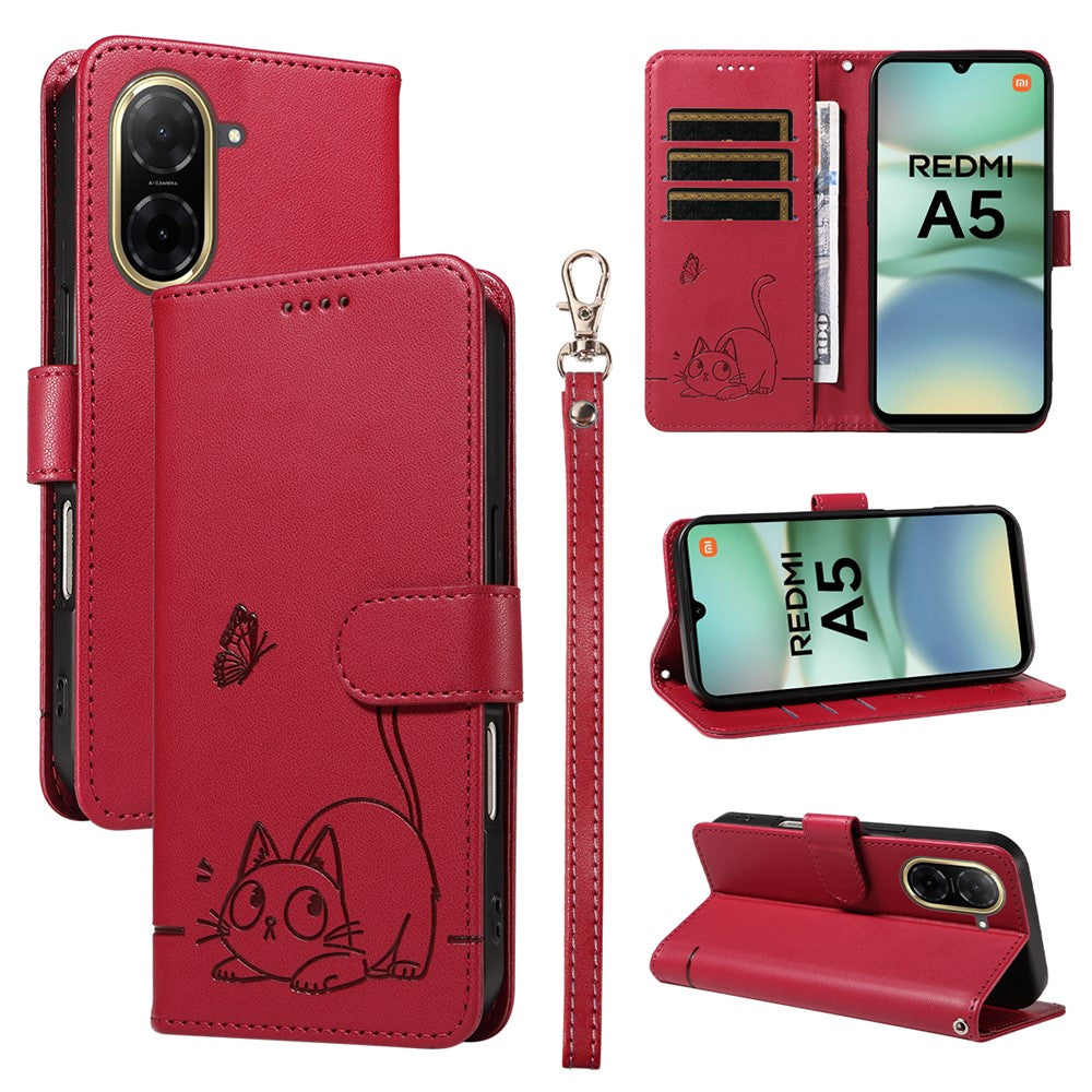 For Xiaomi Redmi A5 NFC (EU) (173.45mm) Case Cat Pattern Imprint Leather Phone Cover with Wrist Strap