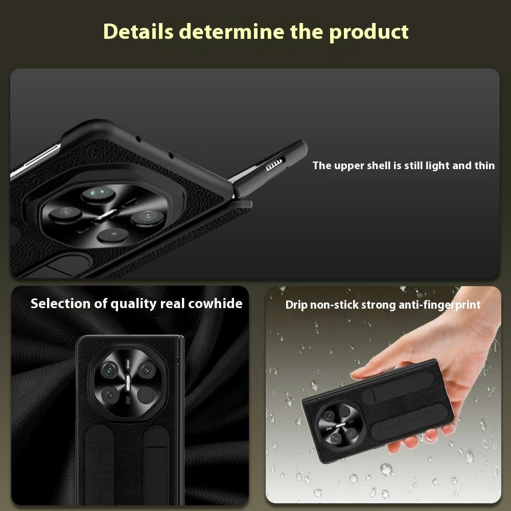 For Huawei Mate X6 Case Wristband Kickstand Genuine Cow Leather + PC Phone Cover with Tempered Glass Film