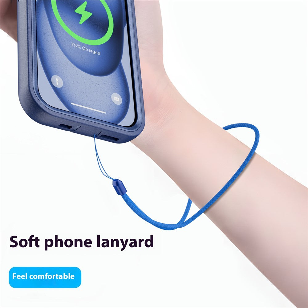 For iPhone 15 Magnetic Case Lens Kickstand 3 in 1 Detachable TPU + PC Phone Back Cover with Lanyard