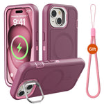 For iPhone 15 Magnetic Case Lens Kickstand 3 in 1 Detachable TPU + PC Phone Back Cover with Lanyard