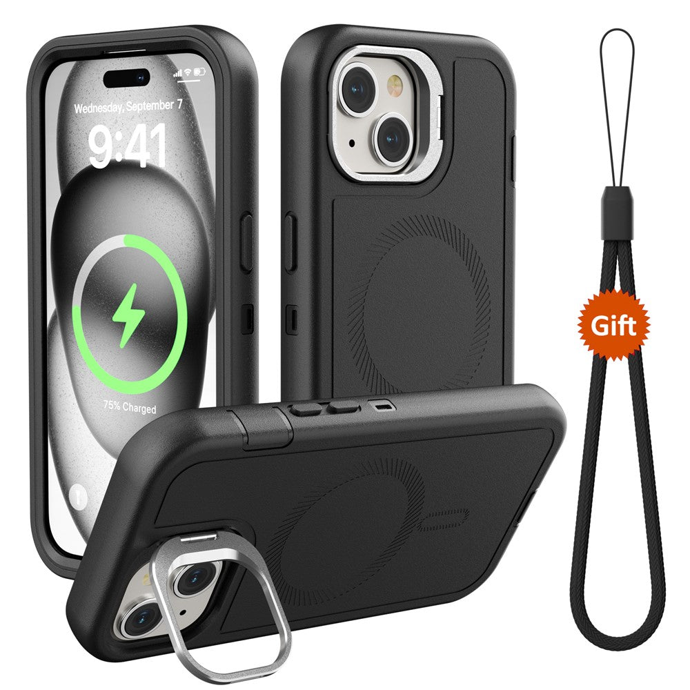 Til iPhone 15 Plus Magnetisk Etui med Linseholder og Kickstand 3-i-1 Aftageligt TPU + PC Telefonbagcover med Lanyard