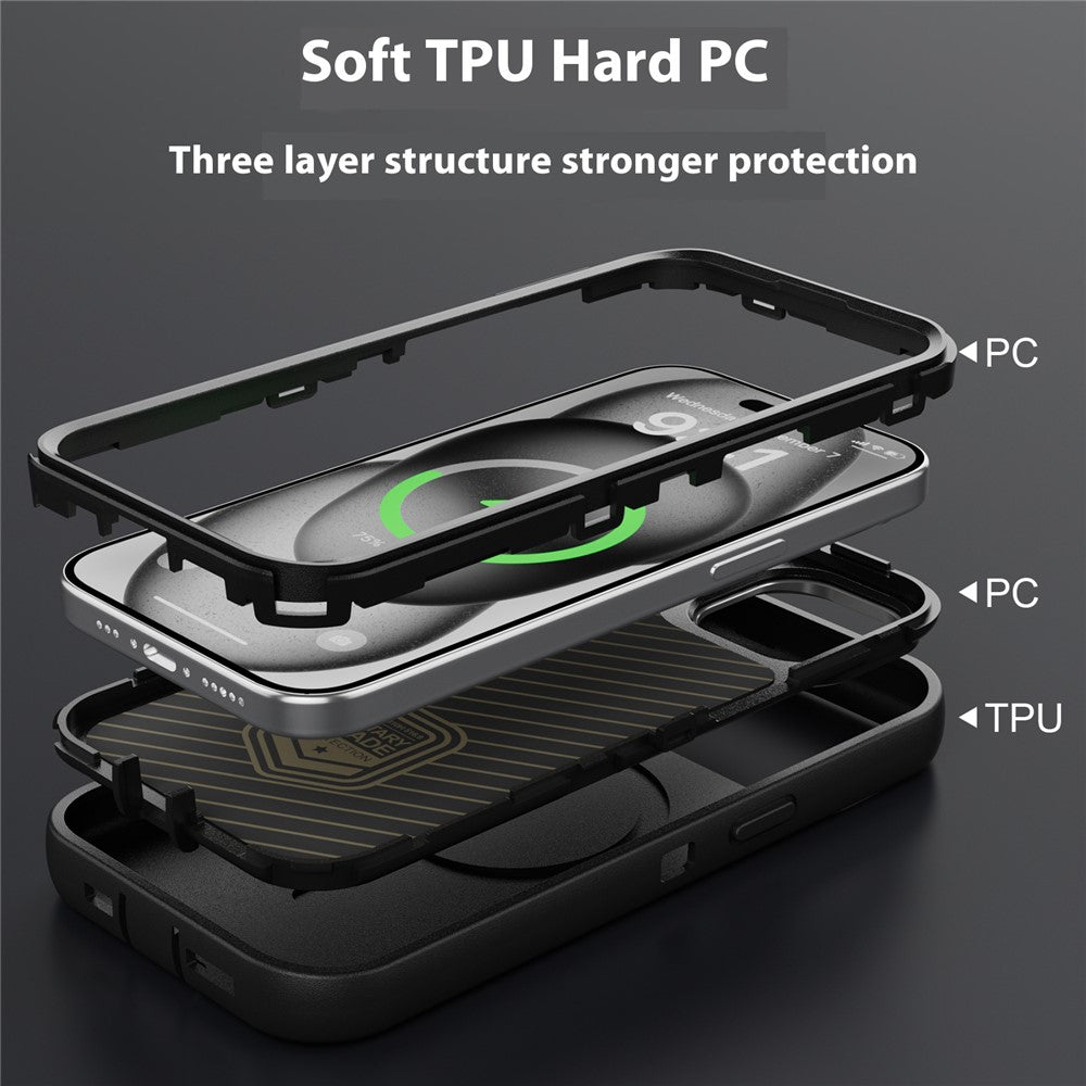 Til iPhone 15 Plus Magnetisk Etui med Linseholder og Kickstand 3-i-1 Aftageligt TPU + PC Telefonbagcover med Lanyard