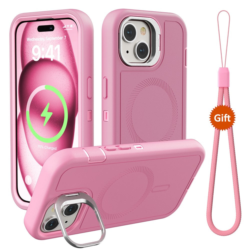Til iPhone 15 Plus Magnetisk Etui med Linseholder og Kickstand 3-i-1 Aftageligt TPU + PC Telefonbagcover med Lanyard