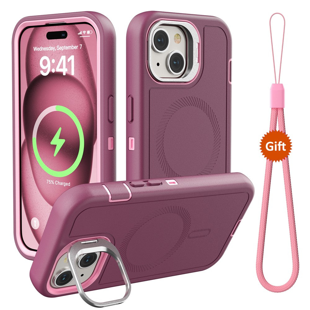 Til iPhone 15 Plus Magnetisk Etui med Linseholder og Kickstand 3-i-1 Aftageligt TPU + PC Telefonbagcover med Lanyard