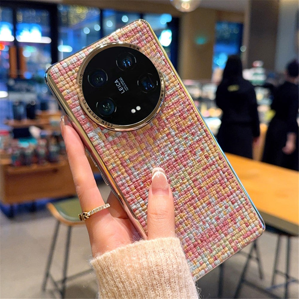 For Xiaomi 14 Ultra Case Electroplating Silver Edge Woven Texture PU Leather + PC Phone Cover